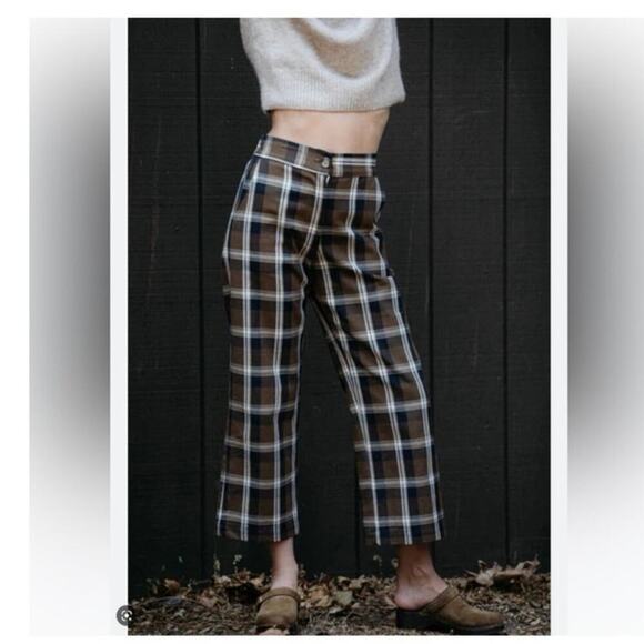 Ciao Lucia Brown Plaid Twill pants small crop 100% cotton back elastic…